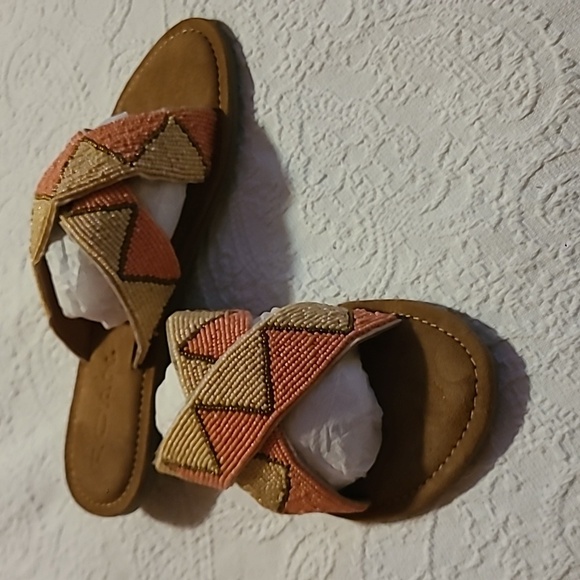ROAN. LEATHER Bohemian Tan and Orange Sandals with Geometric Straps NWOT - Picture 3 of 6